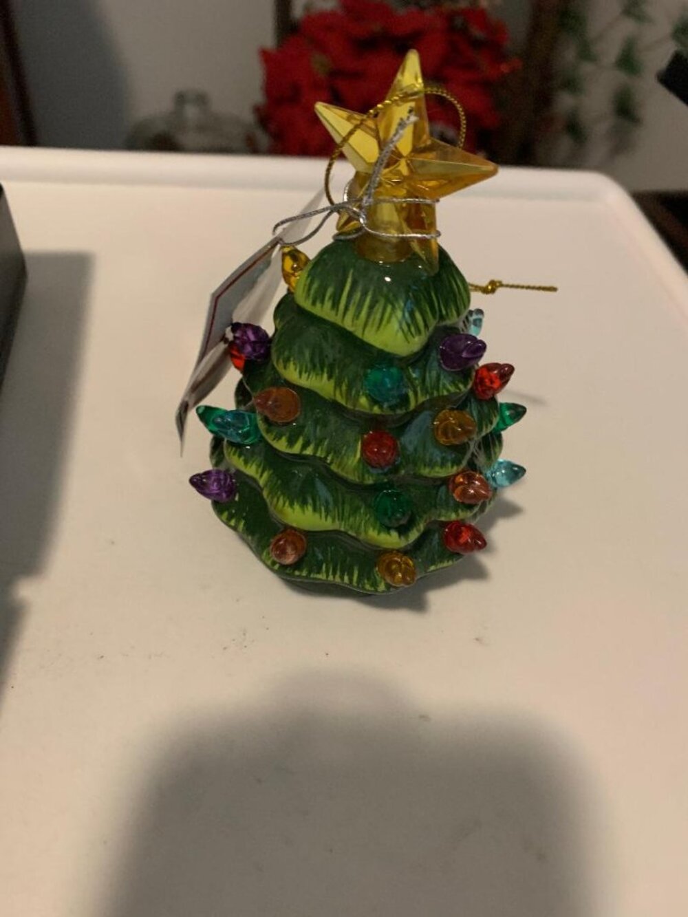Mr. Christmas Light Up Ceramic Green 5" Tree w Gift bag Ornament NEW